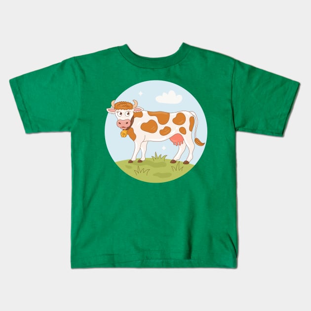 Cow Cartoon Hand Drawn Illustration Kids T-Shirt by Mako Design 